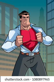 Illustration of businessman in city, revealing his true identity of powerful superhero.