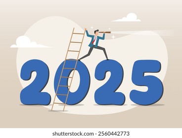 An illustration of businessman climb up on year 2025 to see business outlook. Year 2025 business outlook, new year goal or achievement, company target or hope concept