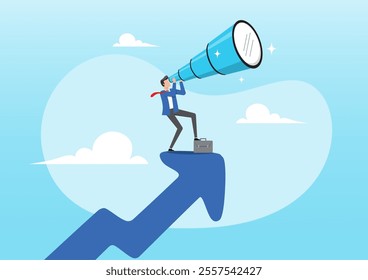 An illustration of businessman climb up rising arrow with big telescope spyglass. Business opportunity or investment and market prediction, profit and earning forecast concept