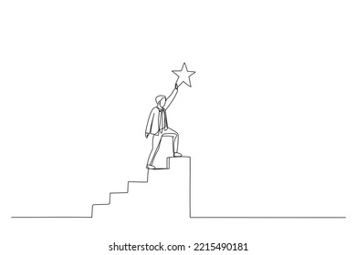 Illustration of businessman climb up stair to the top to reaching to grab precious star reward. Single continuous line art
