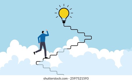 Illustration of a businessman climbing an electrical line staircase toward a glowing light bulb, symbolizing creativity, brainstorming, new business ideas, goal achievement, innovative opportunities.