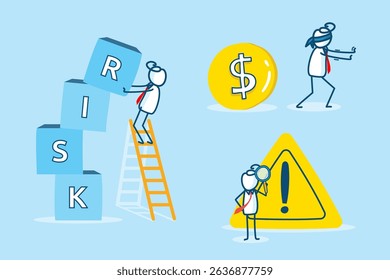 Illustration of Businessman Climbing Ladder to Build Risk while Others Analyze Financial Opportunities and Warnings in a Light Blue Setting