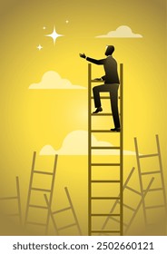 An illustration of businessman climbing the ladder to business goal  to reach a star. Aspiration to success, growth or aiming to achieve target, motivation to winning concept, 