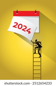 An illustration of businessman climbing the ladder to tears off a calendar sheet of the outgoing year. Parting with coming year. Vector illustration