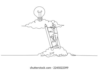 Illustration of businessman climbing ladder to upper cloud to find bright idea concept of creative inspiration. Single continuous line art style