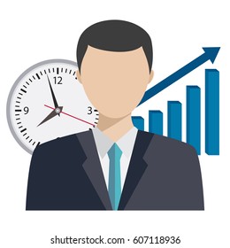 Illustration of businessman with clock and graph behind him. Time management illustration.