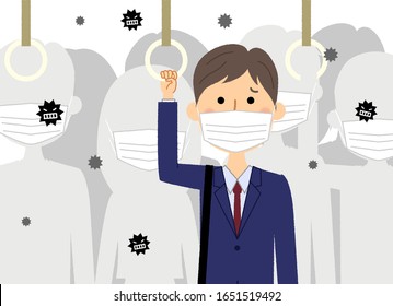 Illustration of a businessman commuting on a crowded train.