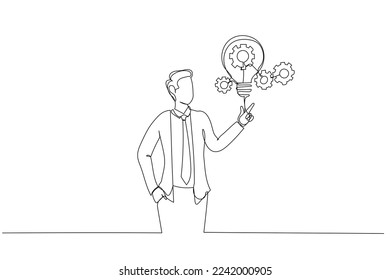 Illustration of businessman connect lightbulb with money dollar sign concept of financial support. Single line art style
