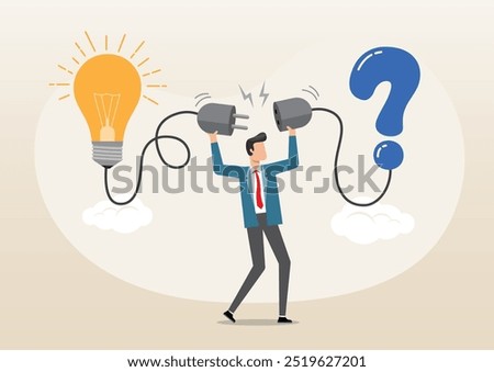 An illustration of businessman connect question mark with lightbulb solution. Solution solving problem, answer to hard question or creativity idea and innovation help business success