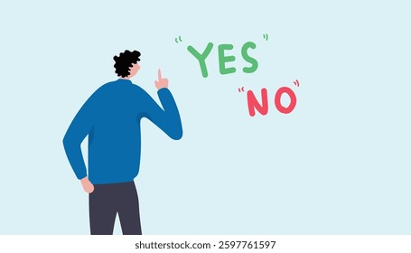 Illustration of a businessman contemplating between 'YES' and 'NO' options, symbolizing business decision-making, leadership, and rational thinking, business success, and leadership decisions.