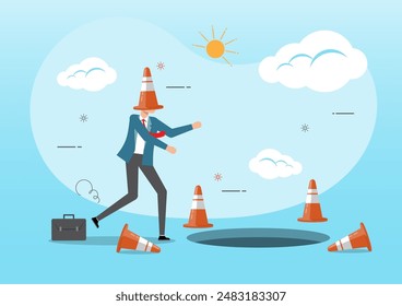 An illustration of businessman cover with pylon walking to fall into the hole or business trap. Frustrated business direction concept