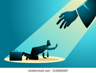 Illustration of a businessman crawling and a hand reaching him from the light
