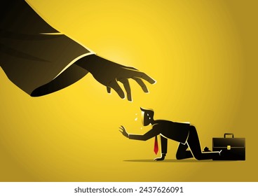 Illustration of a businessman crawling and a hand reaching him from the light