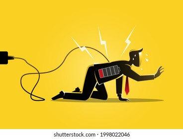 An illustration of a businessman crawling on the floor with low battery indicator. Tired, low energy concept