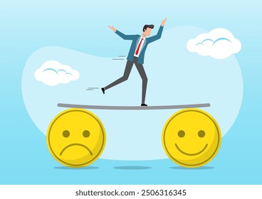 An illustration of businessman crossing the bridge between sad symbols to happy symbols. business optimistic concept