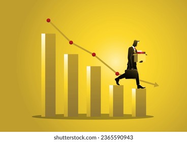 An illustration of a businessman descending on the decreasing chart, getting layoff, bankruptcy concept