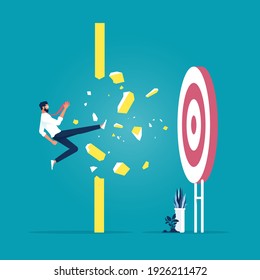 illustration of businessman destroying a wall or obstruction to reach the target