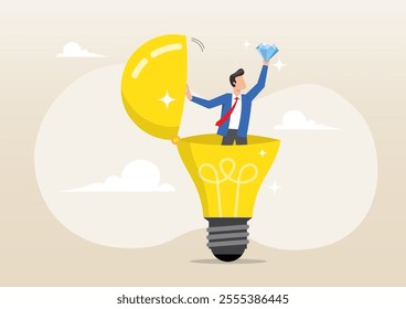 An illustration of businessman discover valuable priceless diamond from bright lightbulb idea. Business value, quality measurement or search for brilliant idea worth concept