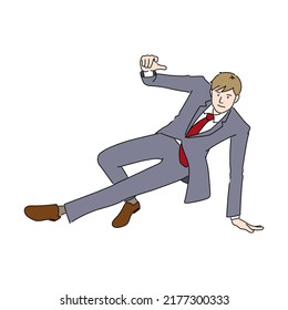 Illustration of a businessman doing a break dance (white background, vector, cut out)