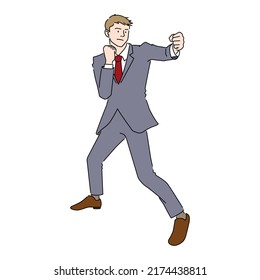 Illustration of a businessman doing a fighting pose (white background, vector, cut out)