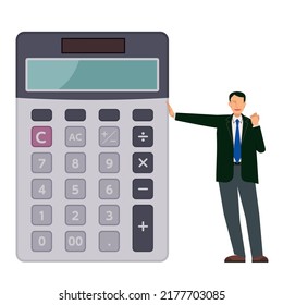 Illustration of a businessman doing a guts pose, fist pump next to a big calculator. Image of business and finance. Oriental men.