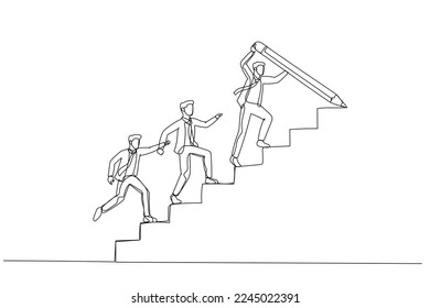 Illustration of businessman draw stair with pencil to lead team walk up leader guide team concept of growth. Single line art style