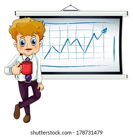Illustration of a businessman drinking coffee in front of the whiteboard on a white background