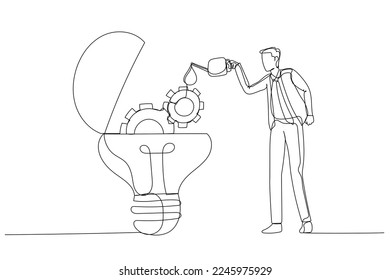 Illustration of businessman drop oil lubricant into idea lightbulb lamp with mechanical gears. Single line art style
