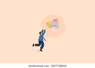 An illustration of a businessman dunking a basketball with a dollar symbol into a hoop, achieving financial goals and success. The dynamic and creative style conveys ambition and determination.