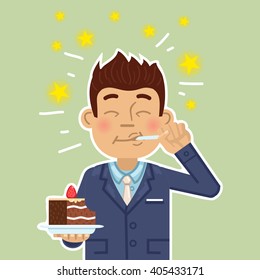 Illustration of a businessman eating a cake. Joyful man eating super delicious cake. Pleasure, enjoy, joy, sweets. Simple style vector illustration