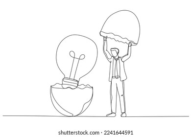 Illustration of businessman entrepreneur discover hatching egg with lightbulb idea inside. New creative idea. Single continuous line art
