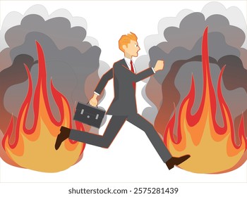 Illustration of a businessman escaping from a fire.