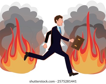 Illustration of a businessman escaping from a fire.