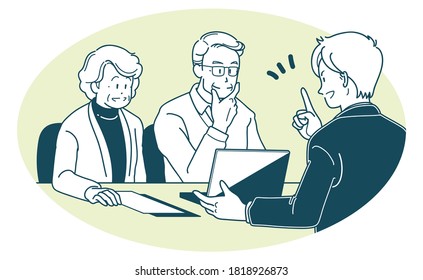 Illustration of a businessman explaining to a elderly couple