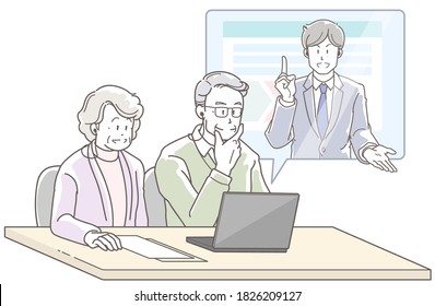 Illustration of a businessman explaining to a elderly couple online