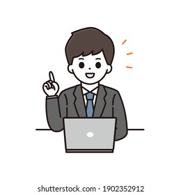Illustration of a businessman explaining in front of a personal computer