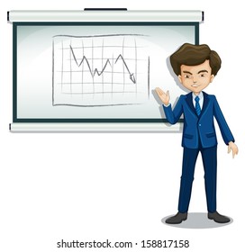 Ilustración de un hombre de negocios explicando el gráfico en el tablero de anuncios sobre un fondo blanco
