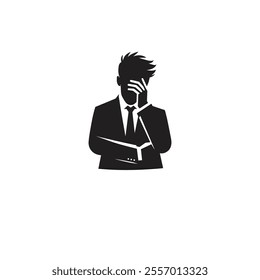 Illustration of Businessman Expressing Stress and Anxiety in Black and White. The image conveys emotions of worry, frustration, and pressure commonly found in professional environments.