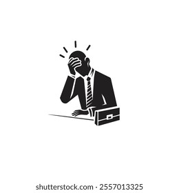 Illustration of Businessman Expressing Stress and Anxiety in Black and White. The image conveys emotions of worry, frustration, and pressure commonly found in professional environments.