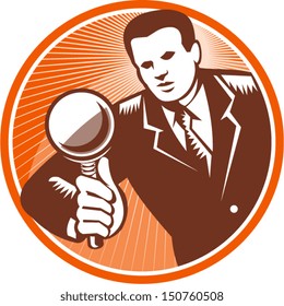 Illustration of a businessman facing front looking holding magnifying glass lens done in retro woodcut style set inside circle.