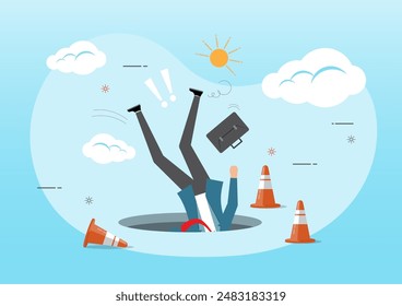 Una ilustración de un hombre de negocios cae en el hoyo. Fallo o error que causa peligro o problema, pérdida o concepto de peligro