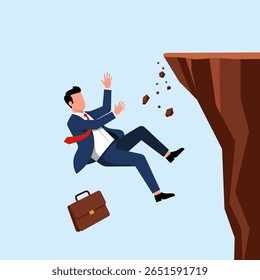 Ilustração de um homem de negócios caindo de um penhasco em ruínas, simbolizando o fracasso dos negócios, colapso e riscos inesperados.