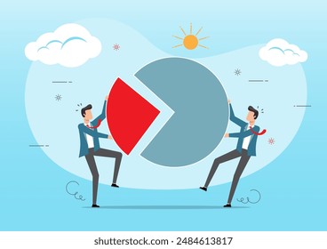 An illustration of businessman fighting for more market share pie chart. Market share percentage concept.