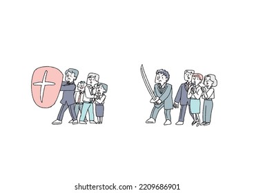  Illustration of a businessman fighting to protect his comrades, a comical hand-drawn character