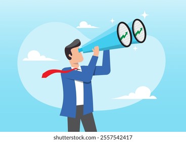An illustration of businessman financial professional look through binocular to see graph and chart. Financial forecast, make profit opportunity, discover economic recover