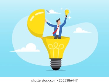 An illustration of businessman find new lightbulb. Discover insight or intelligence solution, search new innovation, opportunity or invention, research concept