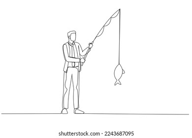 Illustration of businessman fishing big fish. Single line art style