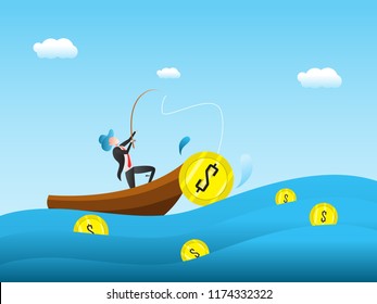 illustration of a businessman fishing money on a boat vector
