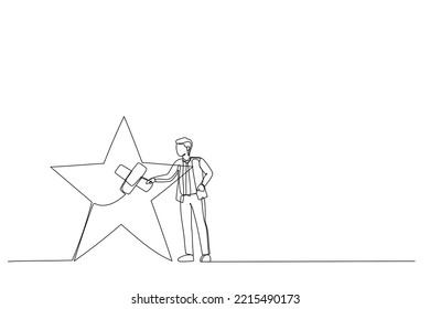 Illustration of businessman fix broken rating star with bandage. Metaphor for reputation management. Single line art style
