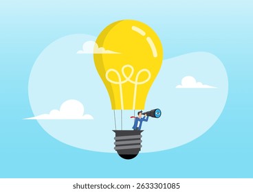 An illustration of a businessman flying in a light bulb-shaped hot air balloon while looking through a telescope. Concepts of strategy, business ideas, and creative thinking.